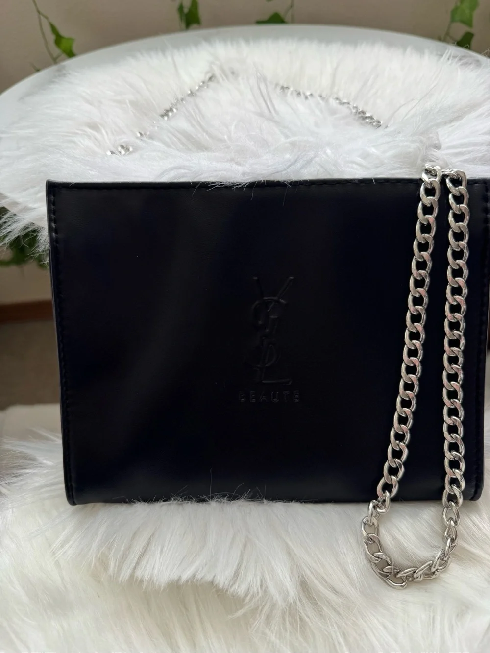 Yves Saint Laurent beauty faux Black Leather cosmetic pouch with Silver Chain